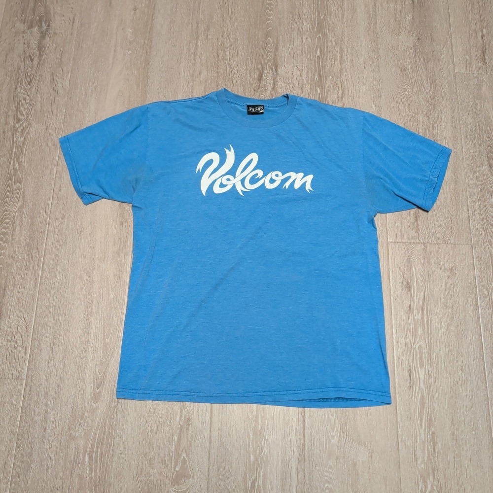 Volcom Mens‎ Large Graphic Tee Blue White Script Logo Skater T-Shirt Distressed